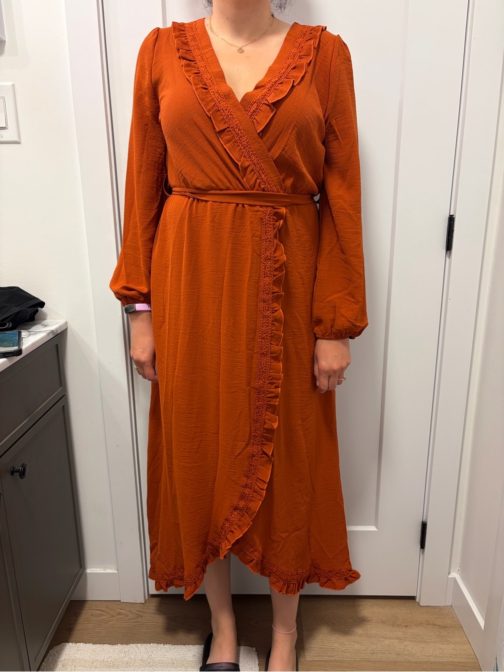 NWT Simplee Apparel Rust Ruffle Wrap Midi Dress